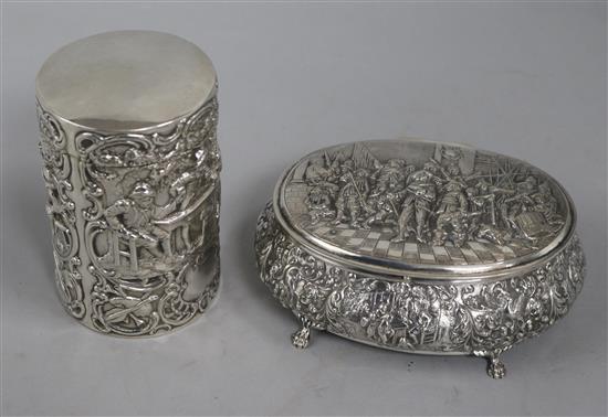 A Dutch silver oval box and a similar cylindrical box